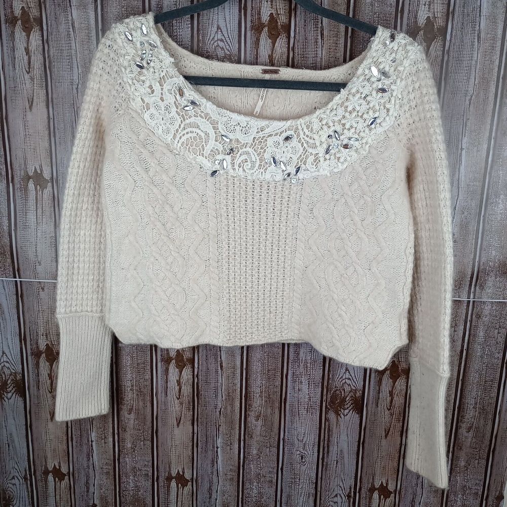 Free People Cropped Ivory Embellished Beaded Lace Wool Blend Sweater S/P